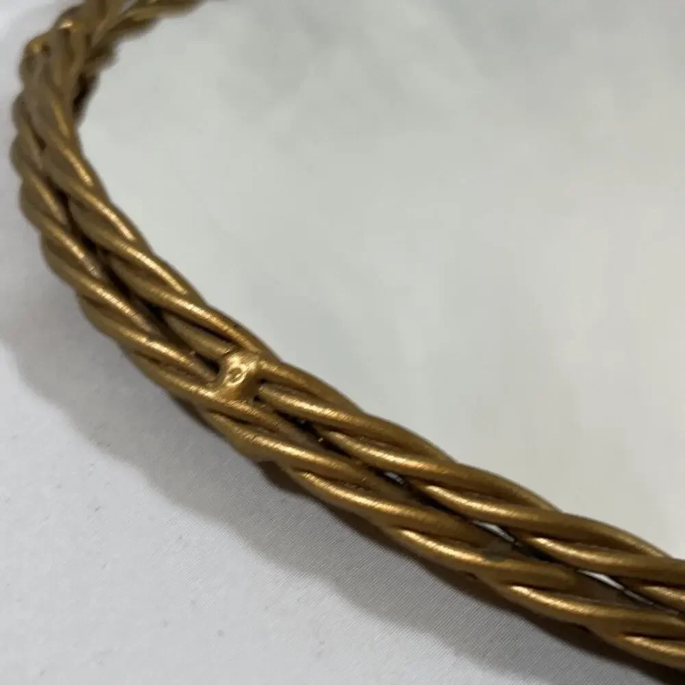 Vintage Gold Twisted Braided Metal Rope Framed Oval Wall Mirror Tray 12.5x9.5”